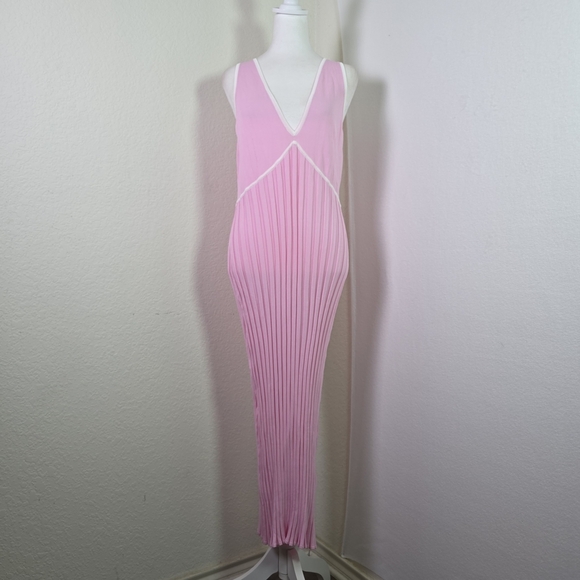 Solid & Striped Pink Pleated Maxi Dress XL V-Neck Sleeveless Resort Beach Cover - Picture 1 of 14